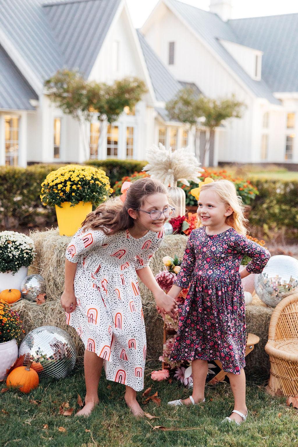 Peach Rainbow 3/4 Sleeve Pocket Twirl Dress