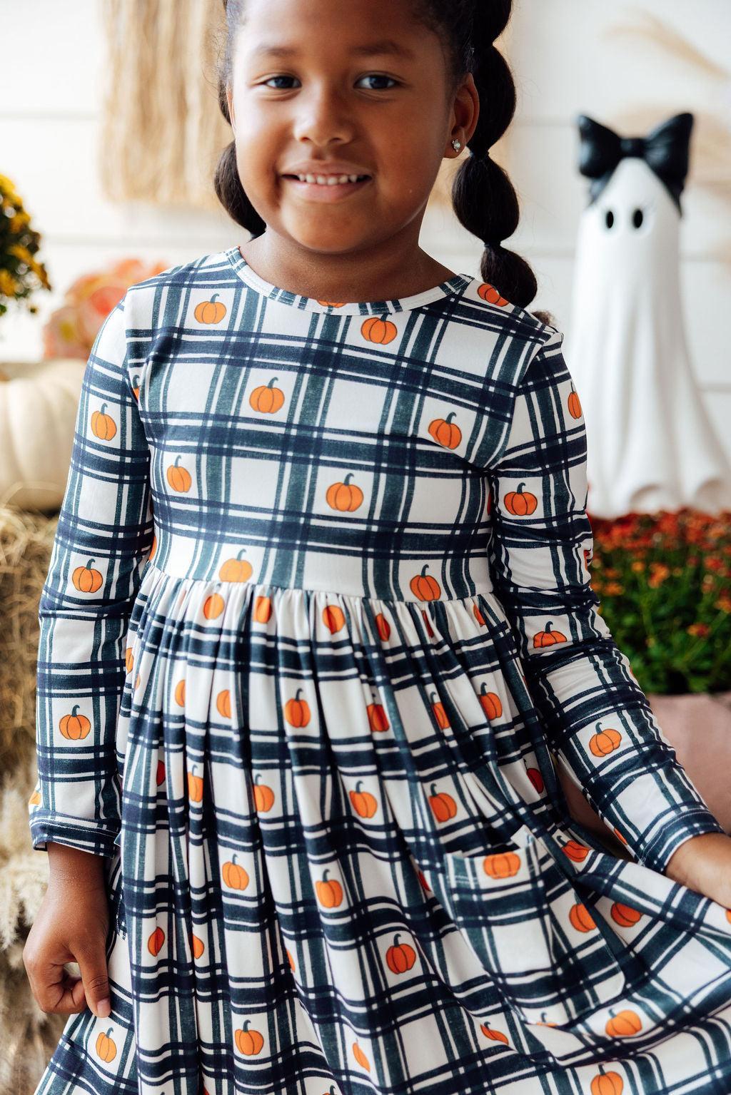 Plaid Pumpkins L/S Pocket Twirl Dress - Mila & Rose ® - Flyclothing LLC