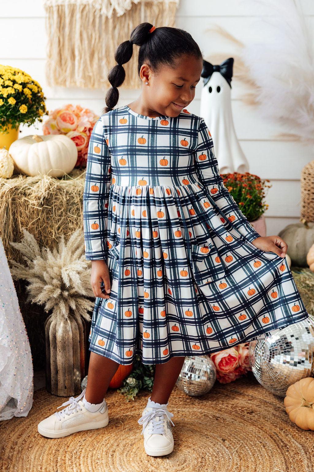 Plaid Pumpkins L/S Pocket Twirl Dress - Mila & Rose ® - Flyclothing LLC