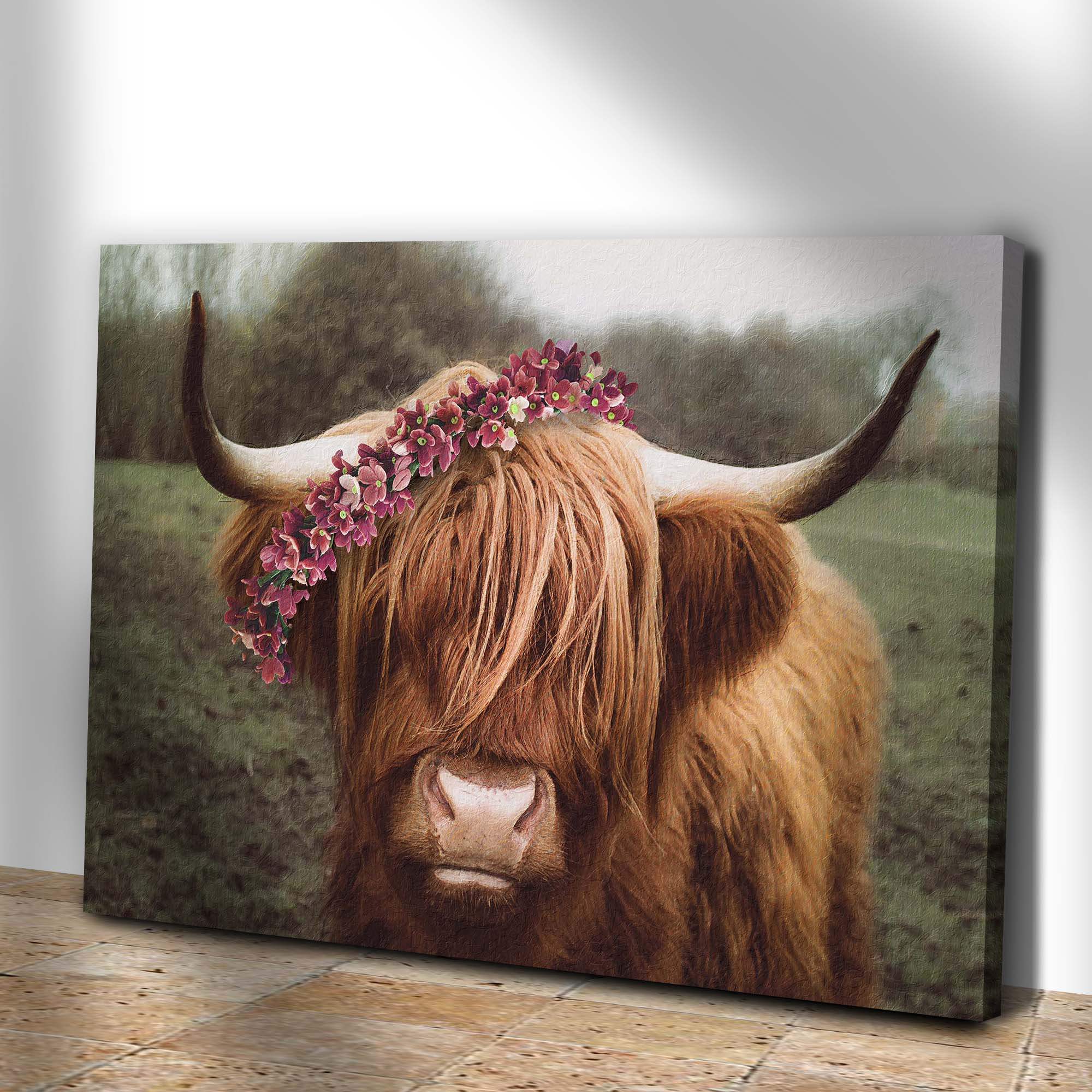 Retro Floral Crown Highland Cow Canvas Wall Art - Tailored Canvases - Flyclothing LLC