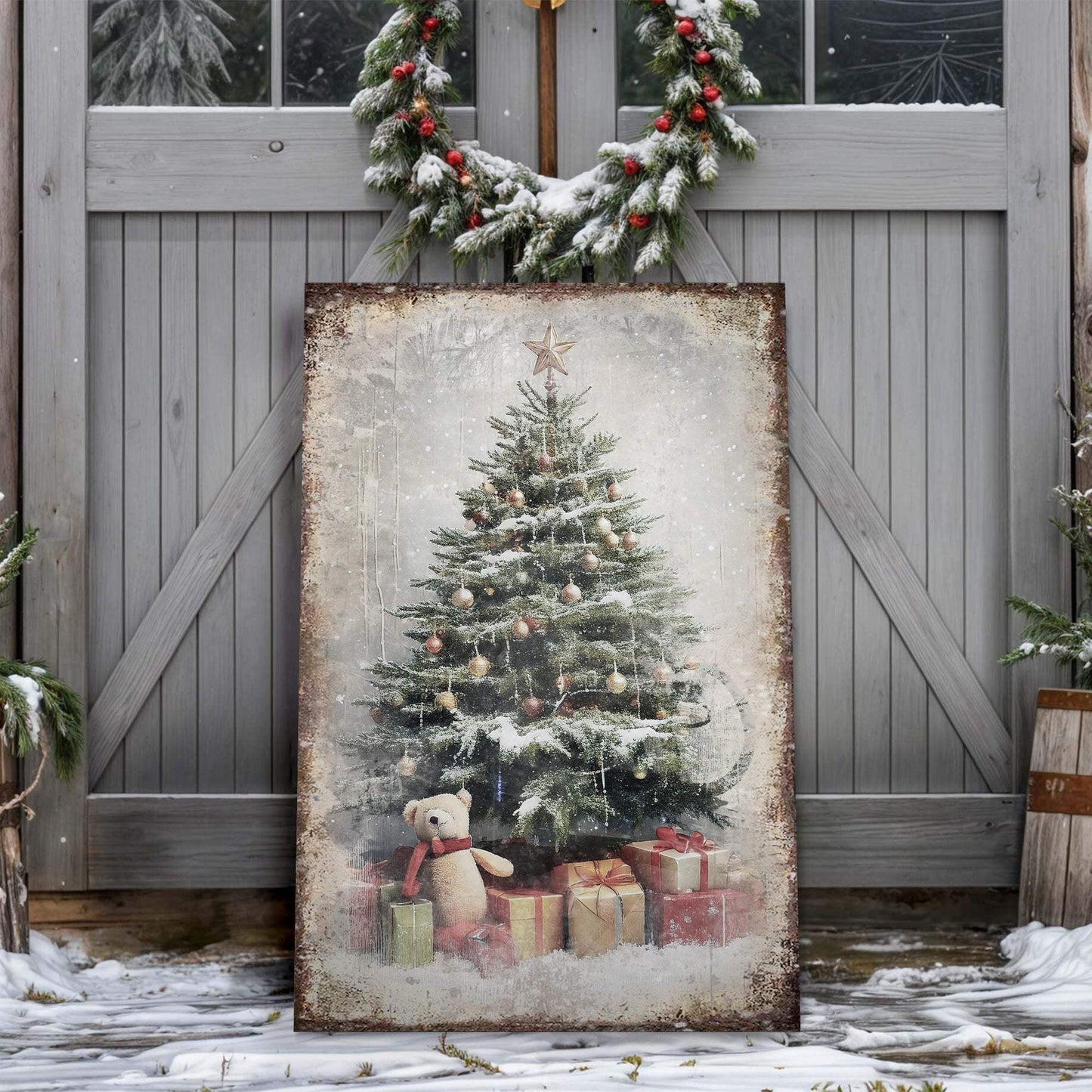 Vintage Christmas Tree With Gifts Wall Art II - Tailored Canvases - Flyclothing LLC