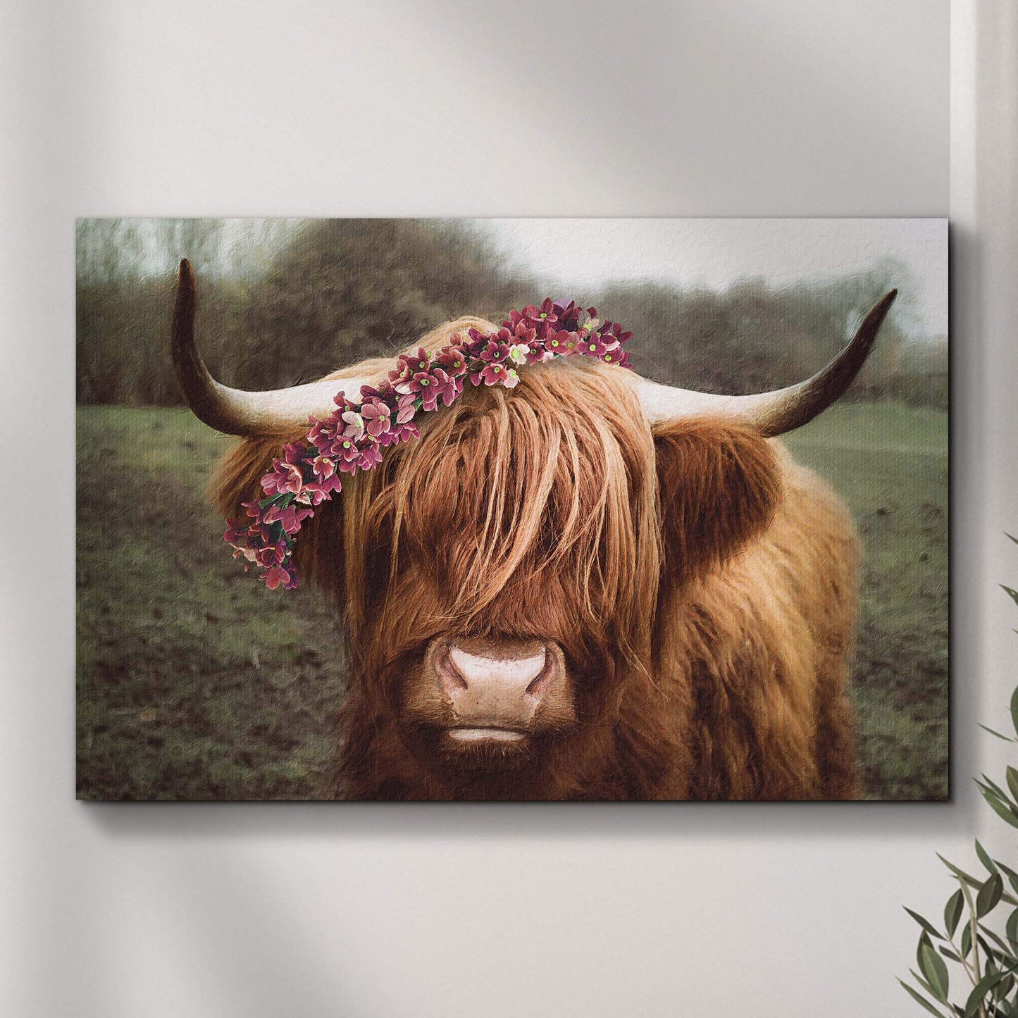 Retro Floral Crown Highland Cow Canvas Wall Art - Tailored Canvases - Flyclothing LLC