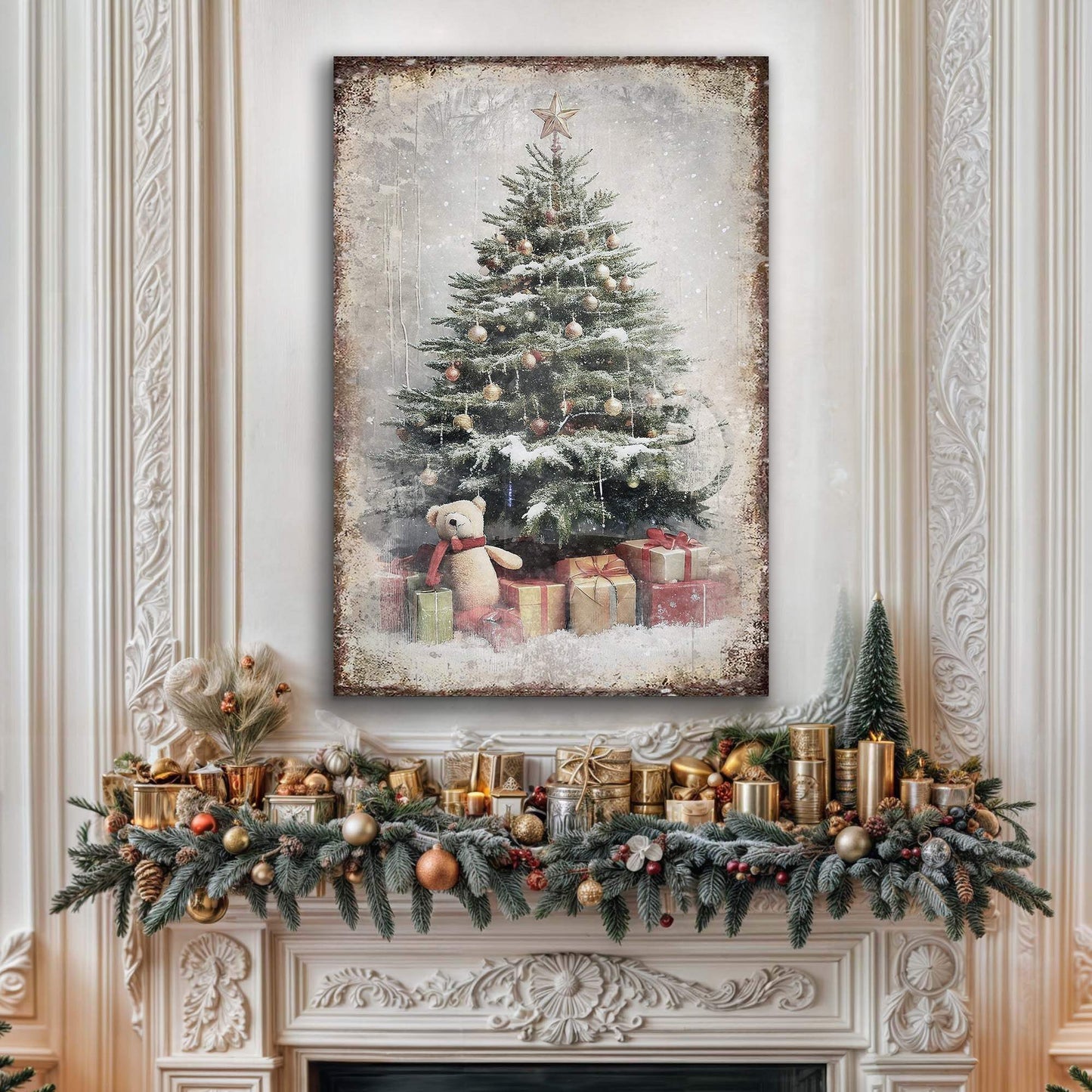 Vintage Christmas Tree With Gifts Wall Art II - Tailored Canvases - Flyclothing LLC
