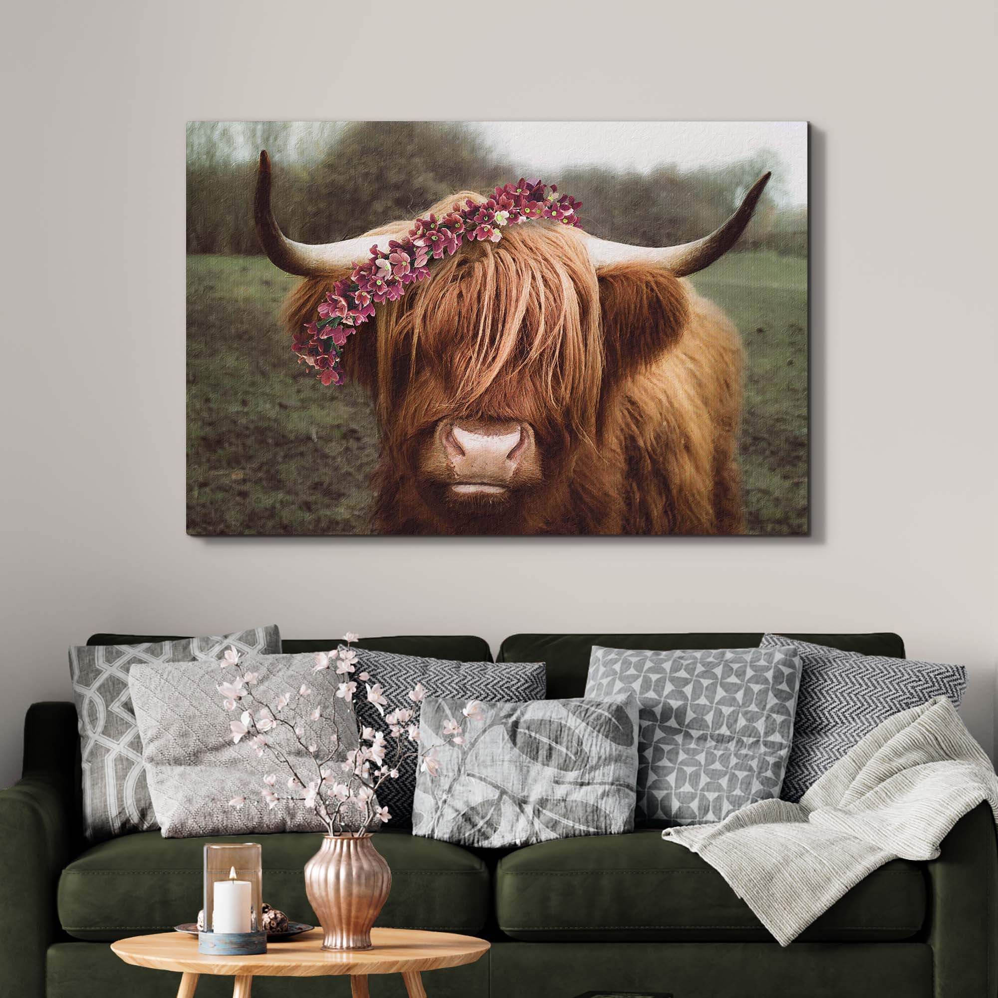 Retro Floral Crown Highland Cow Canvas Wall Art - Tailored Canvases - Flyclothing LLC
