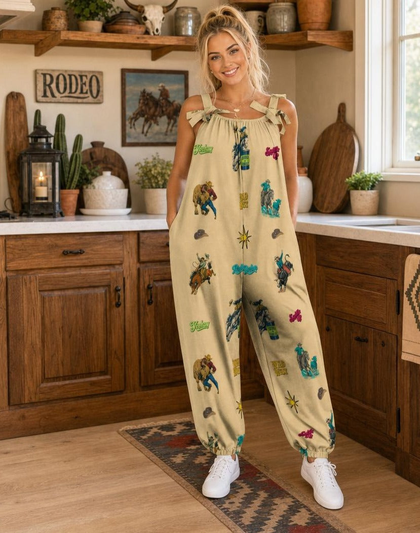 Baha Ranch The Last Roundup Western Rodeo Overalls Jumpsuit - Tan