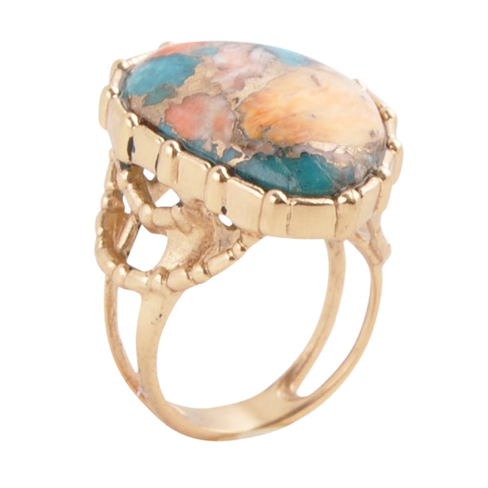Modern Edge Turquoise and Spiny Oyster Shell Matrix Stone Golden Ring - Barse Jewelry