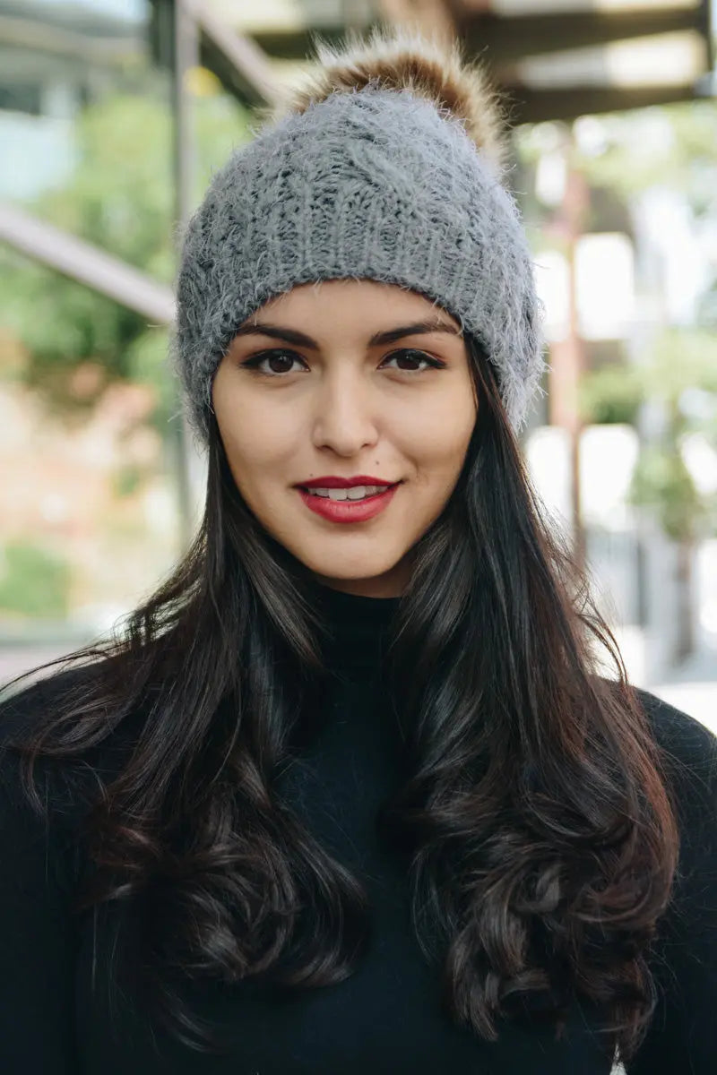Mohair Fur Knit Pom Beanie - Boho Clothing and Accessories - Flyclothing LLC