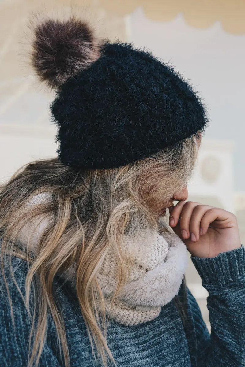 Mohair Fur Knit Pom Beanie - Boho Clothing and Accessories - Flyclothing LLC