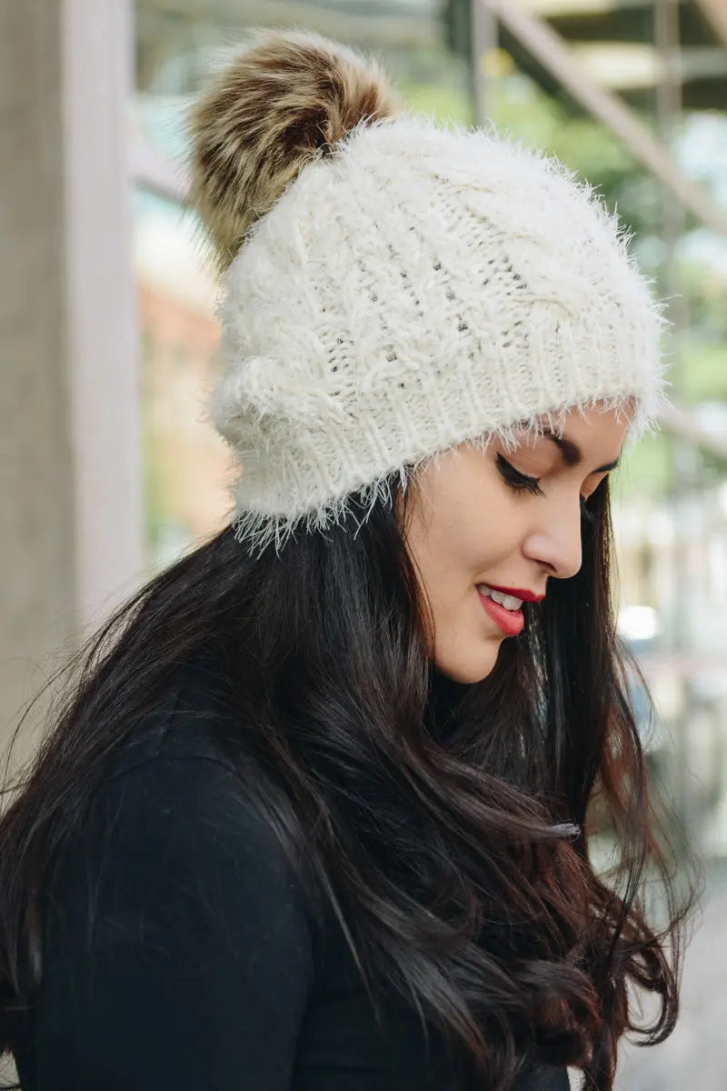 Mohair Fur Knit Pom Beanie - Boho Clothing and Accessories - Flyclothing LLC
