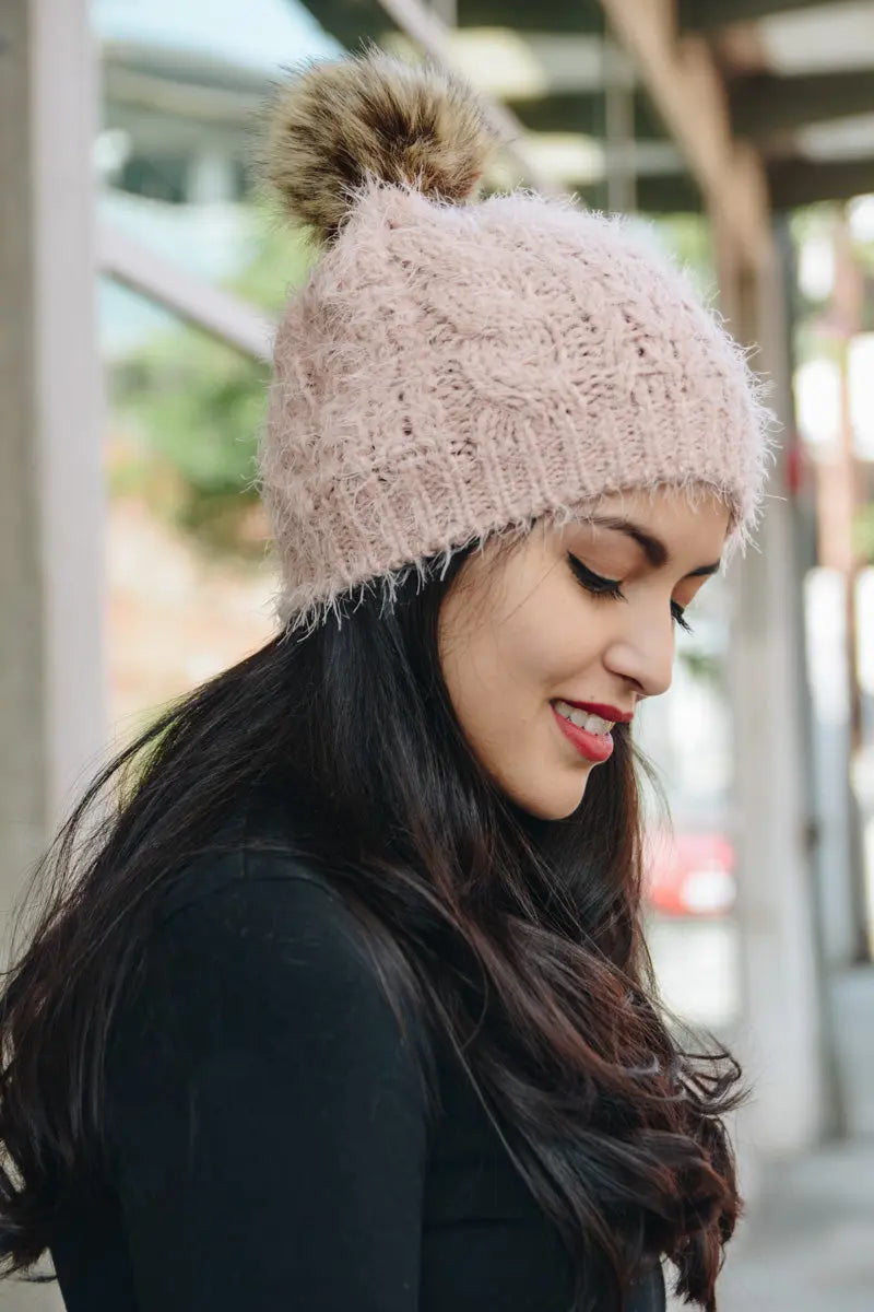 Mohair Fur Knit Pom Beanie - Boho Clothing and Accessories - Flyclothing LLC