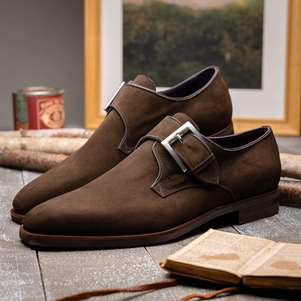 56-110-DBR Hebilla Monk Strap Italian Suede Calfskin Dark Brown - Zelli Italia - Flyclothing LLC