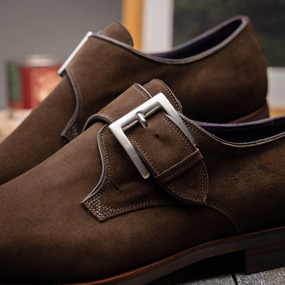 56-110-DBR Hebilla Monk Strap Italian Suede Calfskin Dark Brown - Zelli Italia - Flyclothing LLC