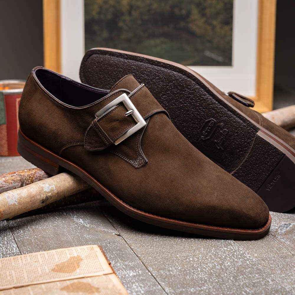 56-110-DBR Hebilla Monk Strap Italian Suede Calfskin Dark Brown - Zelli Italia - Flyclothing LLC