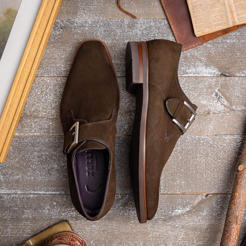 56-110-DBR Hebilla Monk Strap Italian Suede Calfskin Dark Brown - Zelli Italia - Flyclothing LLC