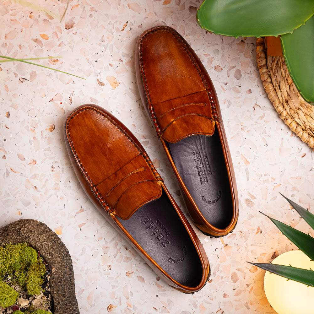35-115-CGN MONZA Hand Burnished Italian Calfskin Driving Loafers Cognac - Zelli Italia - Flyclothing LLC
