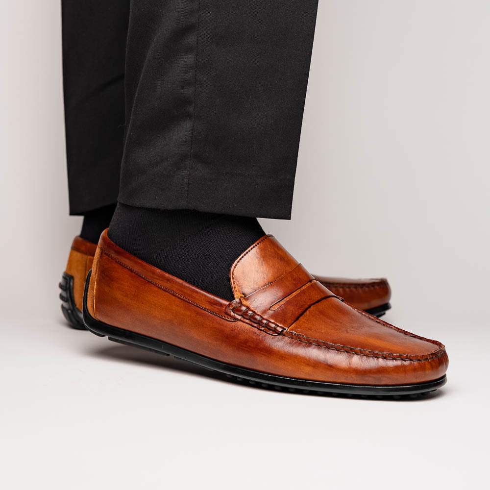 35-115-CGN MONZA Hand Burnished Italian Calfskin Driving Loafers Cognac - Zelli Italia - Flyclothing LLC