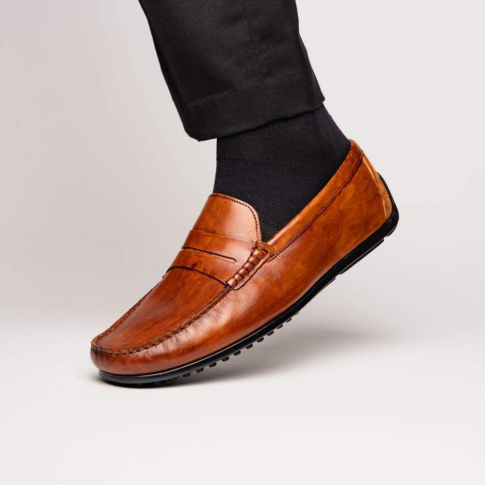 35-115-CGN MONZA Hand Burnished Italian Calfskin Driving Loafers Cognac - Zelli Italia - Flyclothing LLC