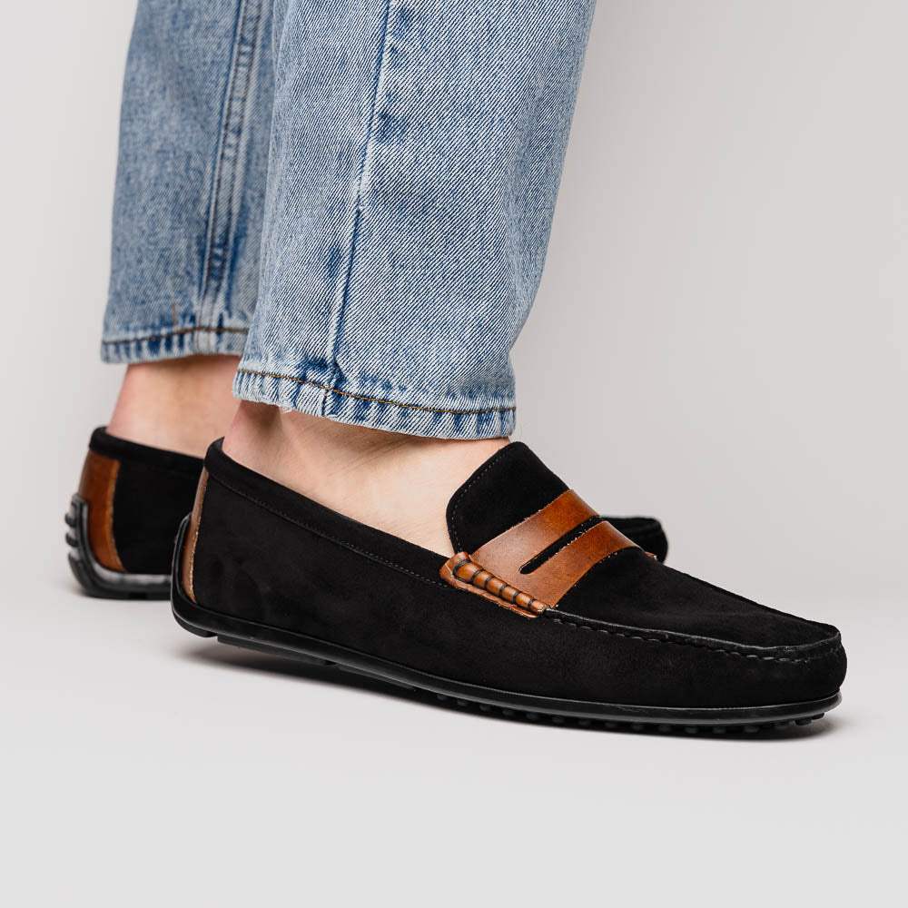 36-300-BLK MONZA Sueded Italian Calfskin Driver Black / Chestnut - Zelli Italia - Flyclothing LLC