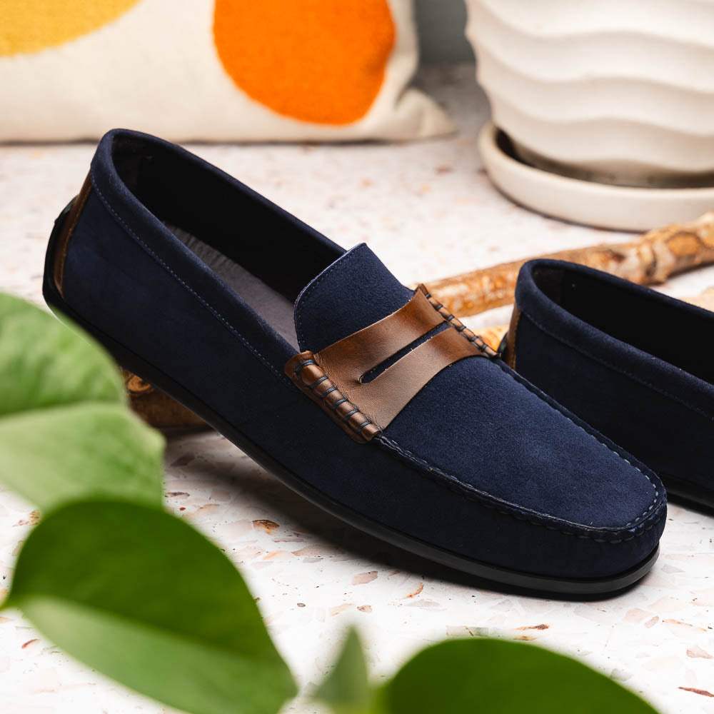 36-300-NVY MONZA Sueded Italian Calfskin Driver Navy / Chestnut - Zelli Italia - Flyclothing LLC