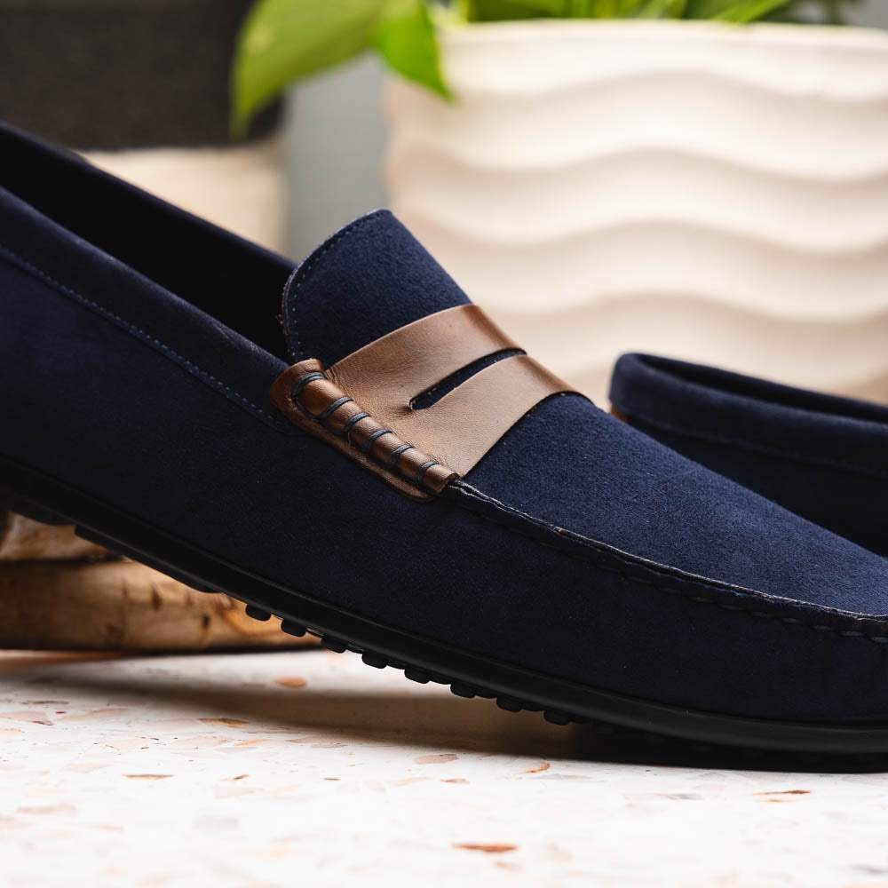 36-300-NVY MONZA Sueded Italian Calfskin Driver Navy / Chestnut - Zelli Italia - Flyclothing LLC