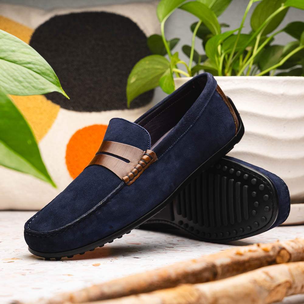 36-300-NVY MONZA Sueded Italian Calfskin Driver Navy / Chestnut - Zelli Italia - Flyclothing LLC