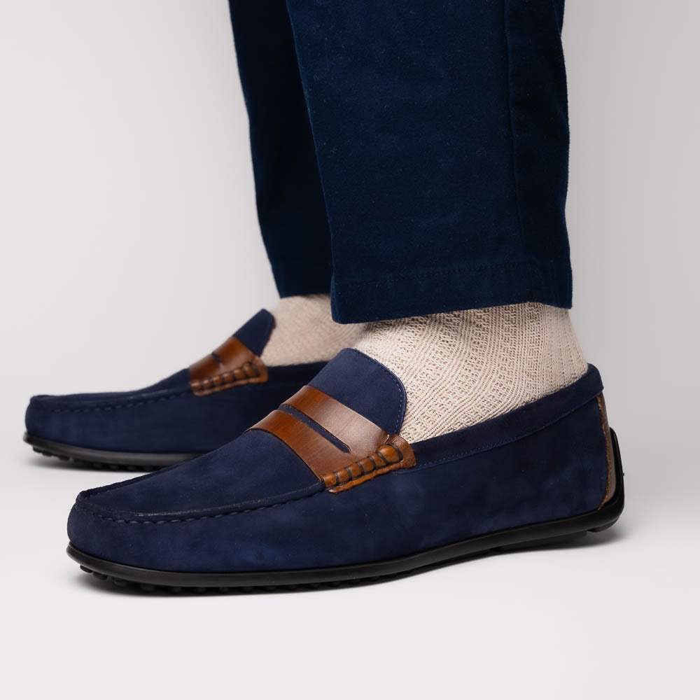 36-300-NVY MONZA Sueded Italian Calfskin Driver Navy / Chestnut - Zelli Italia - Flyclothing LLC