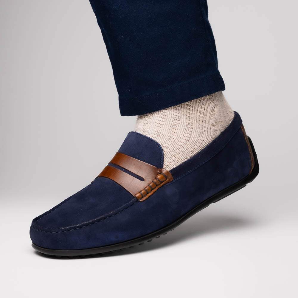 36-300-NVY MONZA Sueded Italian Calfskin Driver Navy / Chestnut - Zelli Italia - Flyclothing LLC