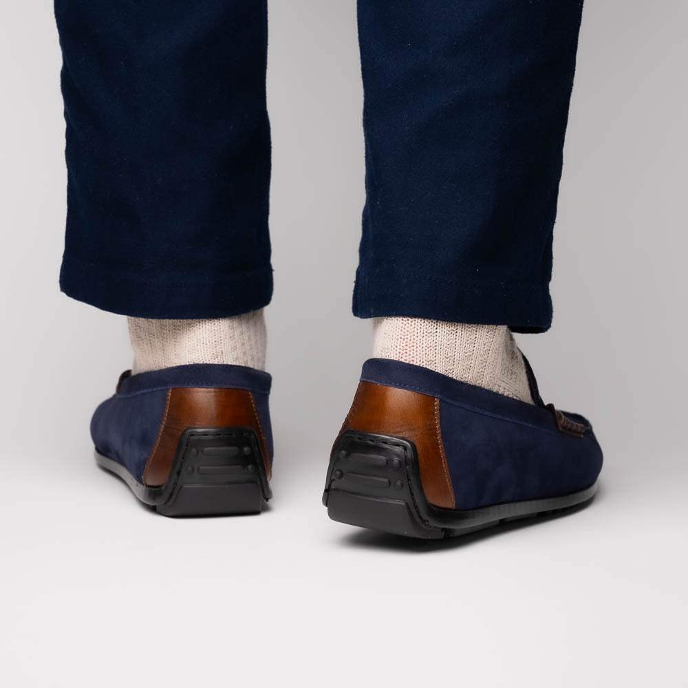 36-300-NVY MONZA Sueded Italian Calfskin Driver Navy / Chestnut - Zelli Italia - Flyclothing LLC