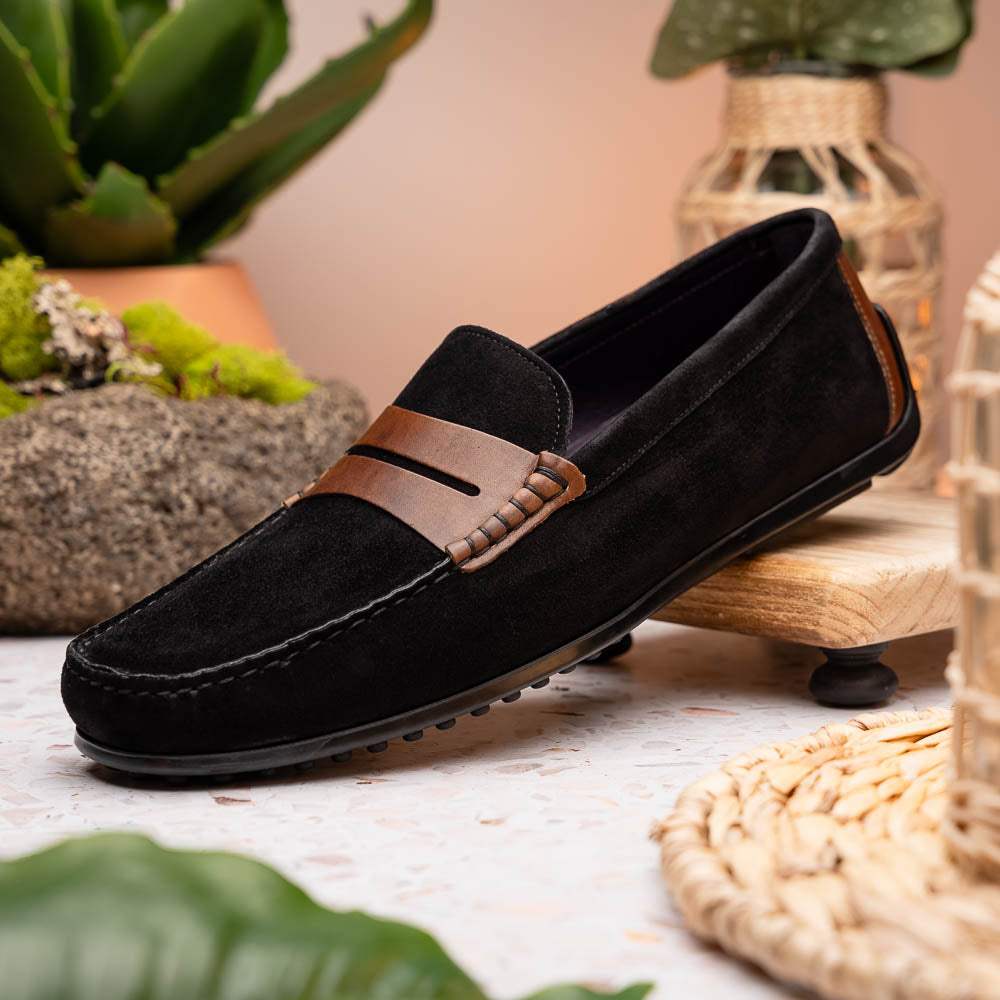 36-300-BLK MONZA Sueded Italian Calfskin Driver Black / Chestnut - Zelli Italia - Flyclothing LLC