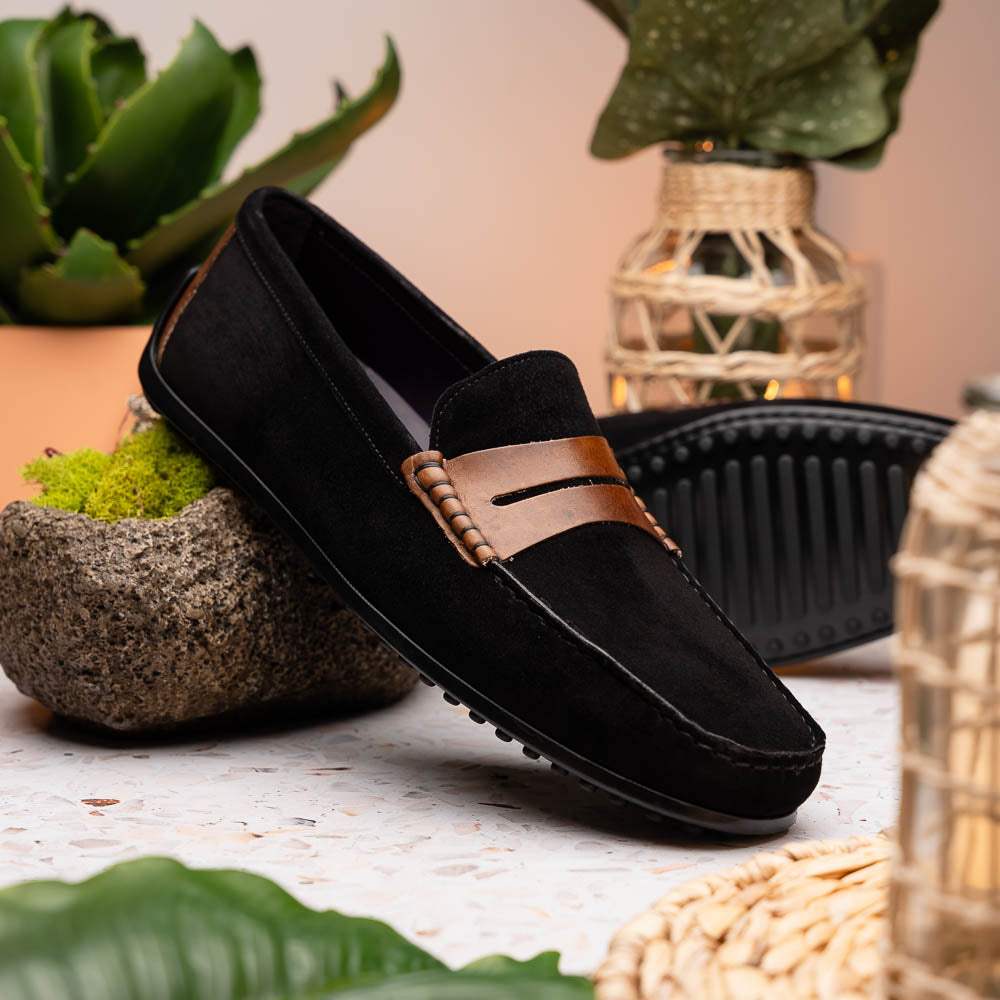36-300-BLK MONZA Sueded Italian Calfskin Driver Black / Chestnut - Zelli Italia - Flyclothing LLC