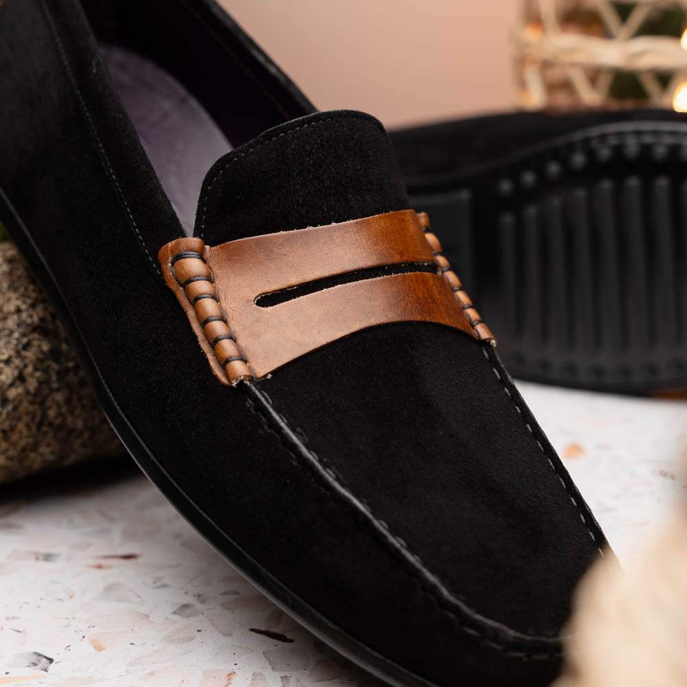 36-300-BLK MONZA Sueded Italian Calfskin Driver Black / Chestnut - Zelli Italia - Flyclothing LLC