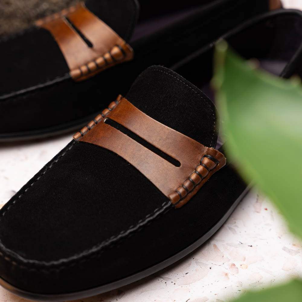 36-300-BLK MONZA Sueded Italian Calfskin Driver Black / Chestnut - Zelli Italia - Flyclothing LLC