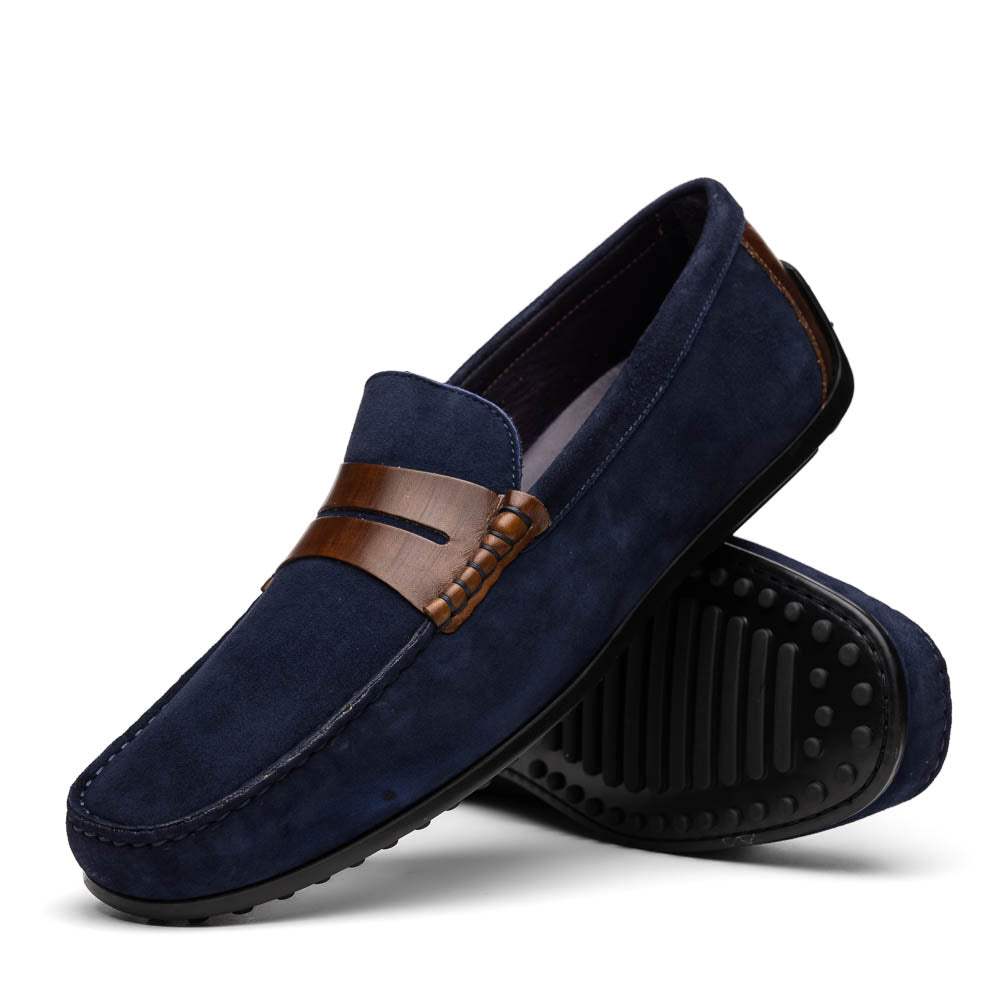 36-300-NVY MONZA Sueded Italian Calfskin Driver Navy / Chestnut - Zelli Italia - Flyclothing LLC