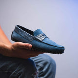 31-160-DNM MONZA Sueded Calfskin with Crocodile Driver Denim - Zelli Italia - Flyclothing LLC