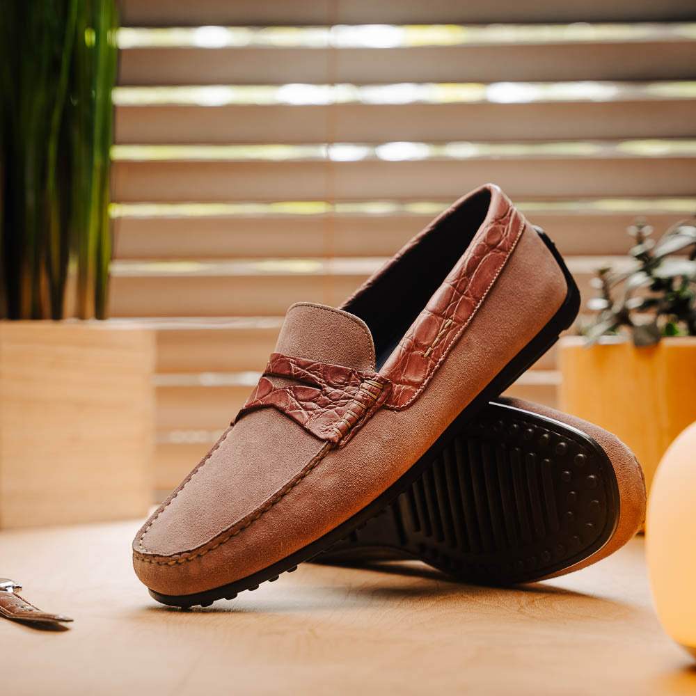 31-160-CDY MONZA Sueded Calfskin with Crocodile Driver Candy - Zelli Italia - Flyclothing LLC