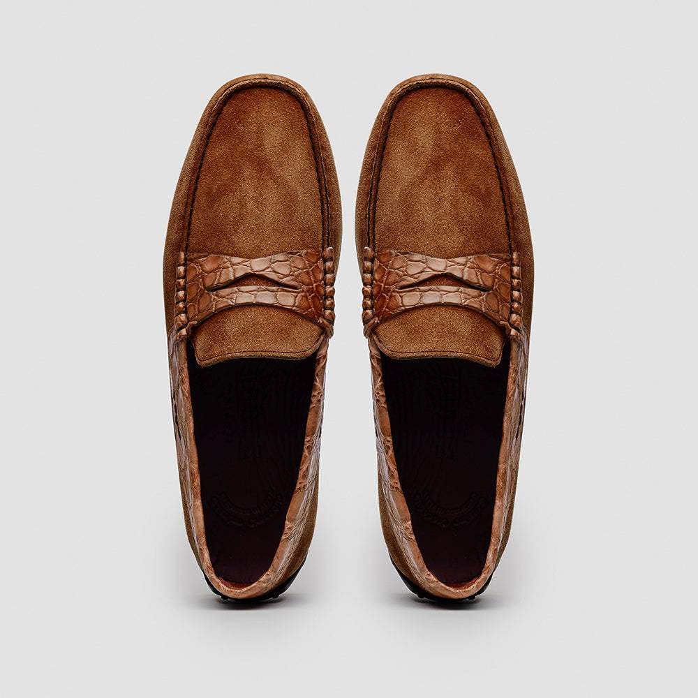 31-160-CGN MONZA Sueded Calfskin with Crocodile Driver, Cognac - Zelli Italia - Flyclothing LLC