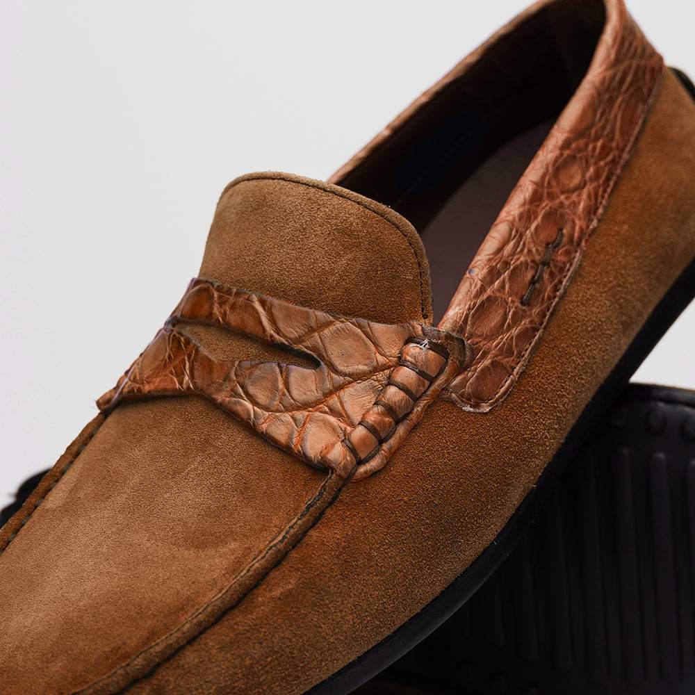 31-160-CGN MONZA Sueded Calfskin with Crocodile Driver, Cognac - Zelli Italia - Flyclothing LLC