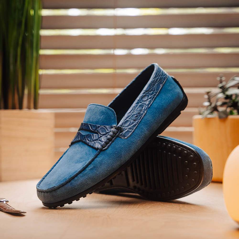 31-160-DNM MONZA Sueded Calfskin with Crocodile Driver Denim - Zelli Italia - Flyclothing LLC