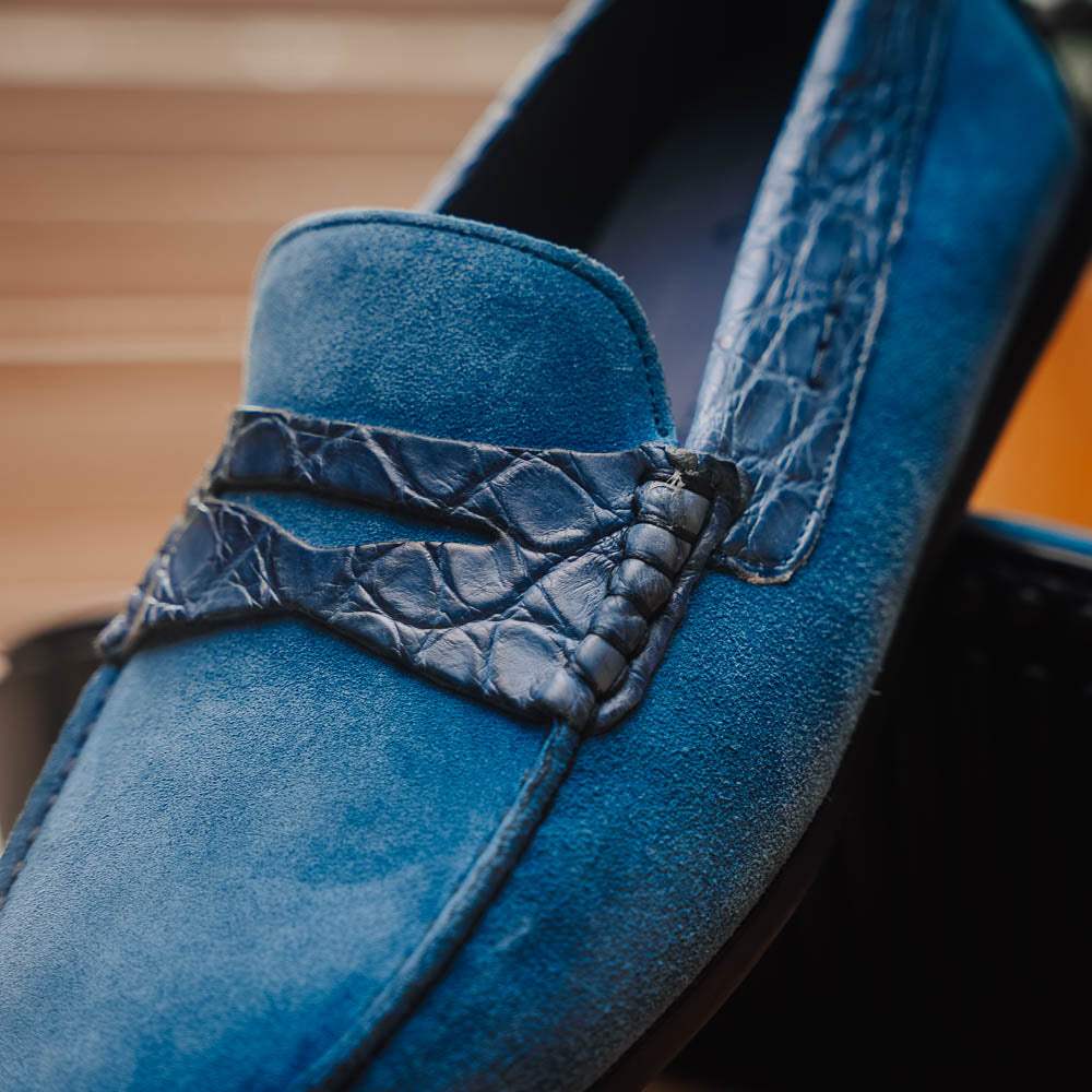 31-160-DNM MONZA Sueded Calfskin with Crocodile Driver Denim - Zelli Italia - Flyclothing LLC