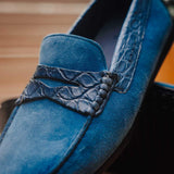 31-160-DNM MONZA Sueded Calfskin with Crocodile Driver Denim - Zelli Italia - Flyclothing LLC