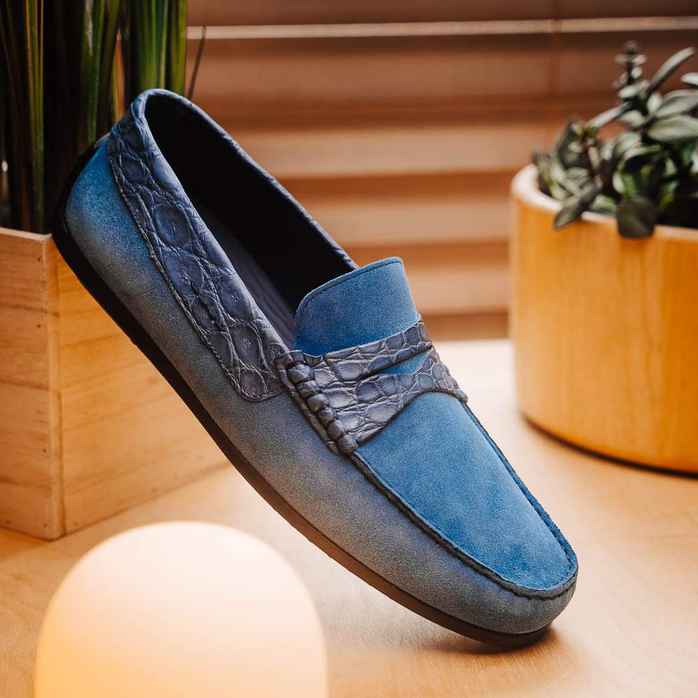 31-160-DNM MONZA Sueded Calfskin with Crocodile Driver Denim - Zelli Italia - Flyclothing LLC
