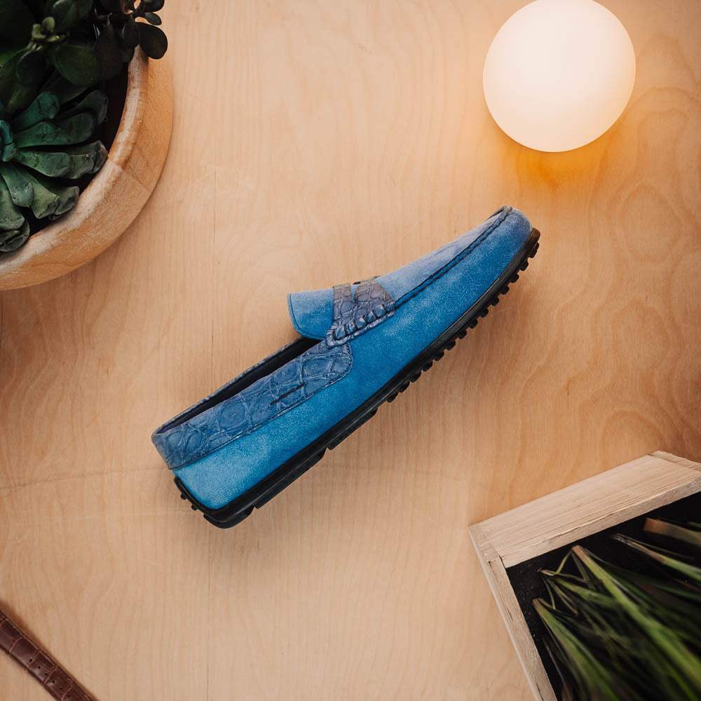 31-160-DNM MONZA Sueded Calfskin with Crocodile Driver Denim - Zelli Italia - Flyclothing LLC