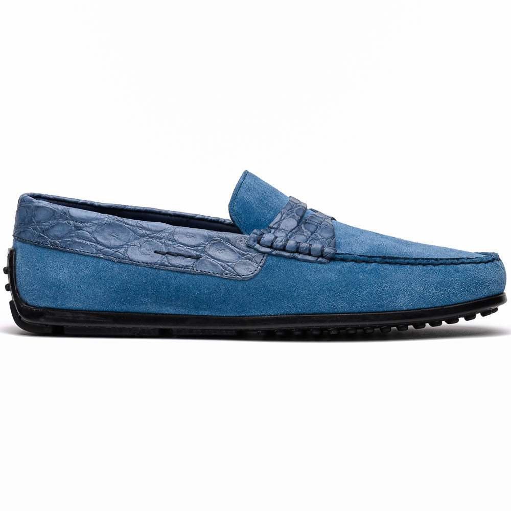 31-160-DNM MONZA Sueded Calfskin with Crocodile Driver Denim - Zelli Italia - Flyclothing LLC