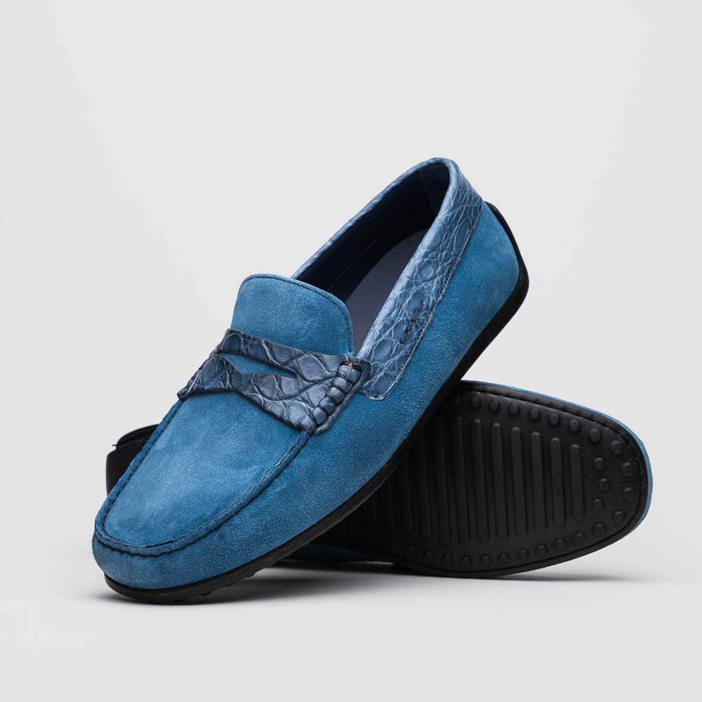 31-160-DNM MONZA Sueded Calfskin with Crocodile Driver Denim - Zelli Italia - Flyclothing LLC
