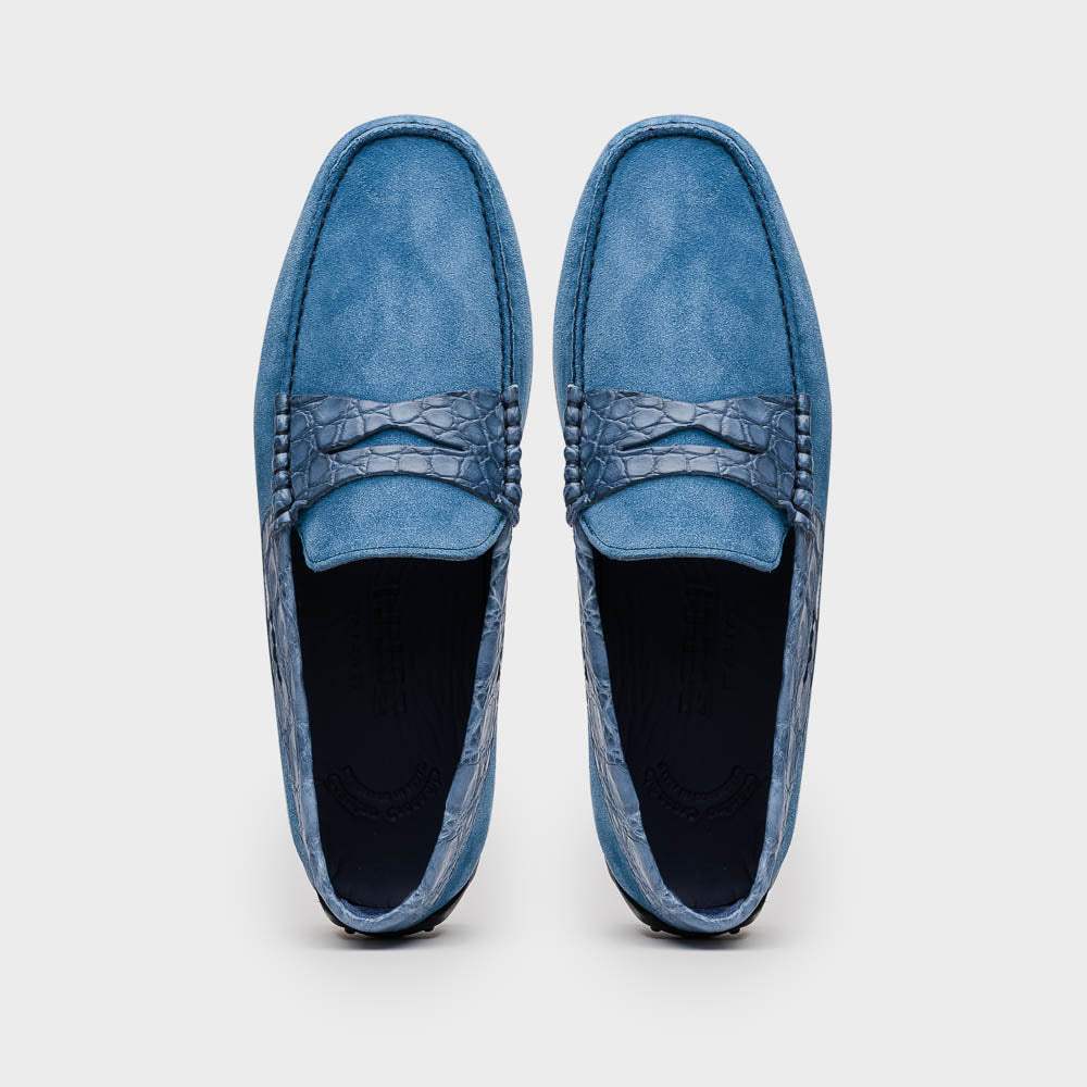 31-160-DNM MONZA Sueded Calfskin with Crocodile Driver Denim - Zelli Italia - Flyclothing LLC