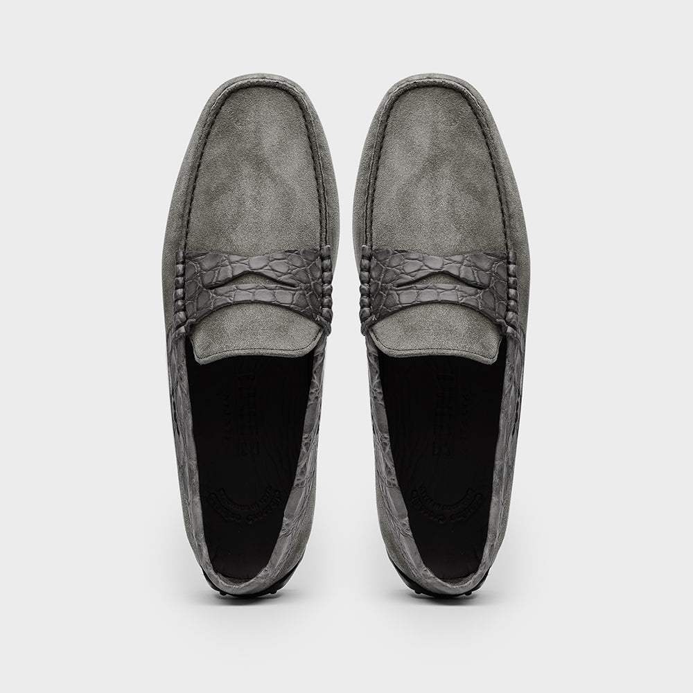 31-160-GRY MONZA Sueded Calfskin with Crocodile Driver, Grey - Zelli Italia - Flyclothing LLC