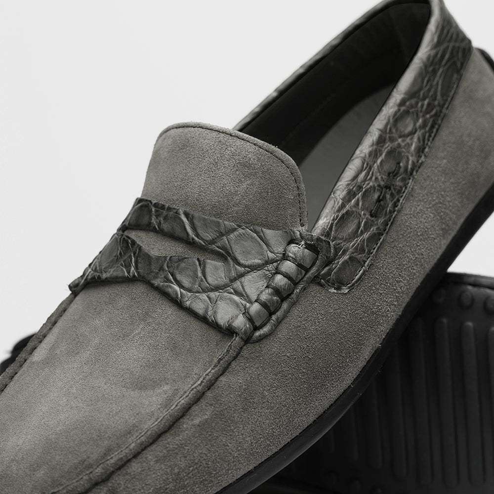 31-160-GRY MONZA Sueded Calfskin with Crocodile Driver, Grey - Zelli Italia - Flyclothing LLC