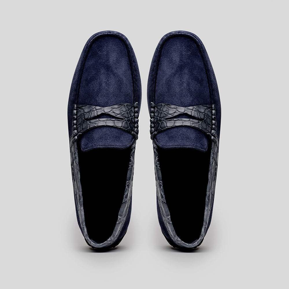 31-160-NVY MONZA Sueded Calfskin with Crocodile Driver, Navy - Zelli Italia - Flyclothing LLC