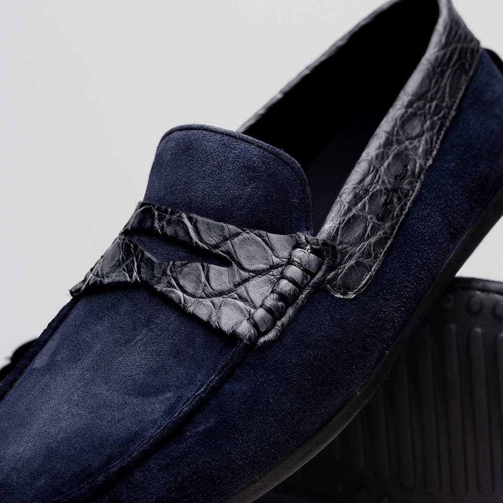 31-160-NVY MONZA Sueded Calfskin with Crocodile Driver, Navy - Zelli Italia - Flyclothing LLC