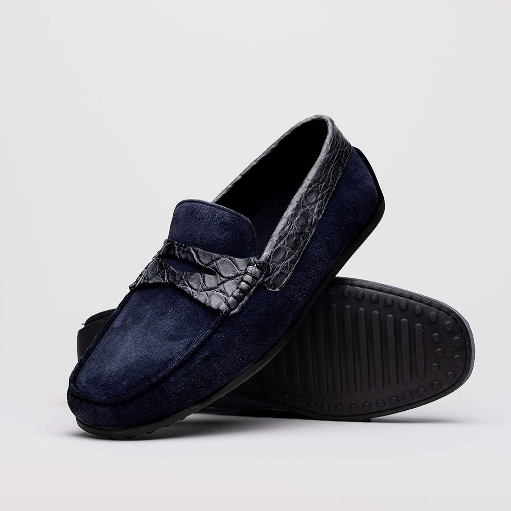 31-160-NVY MONZA Sueded Calfskin with Crocodile Driver, Navy - Zelli Italia - Flyclothing LLC